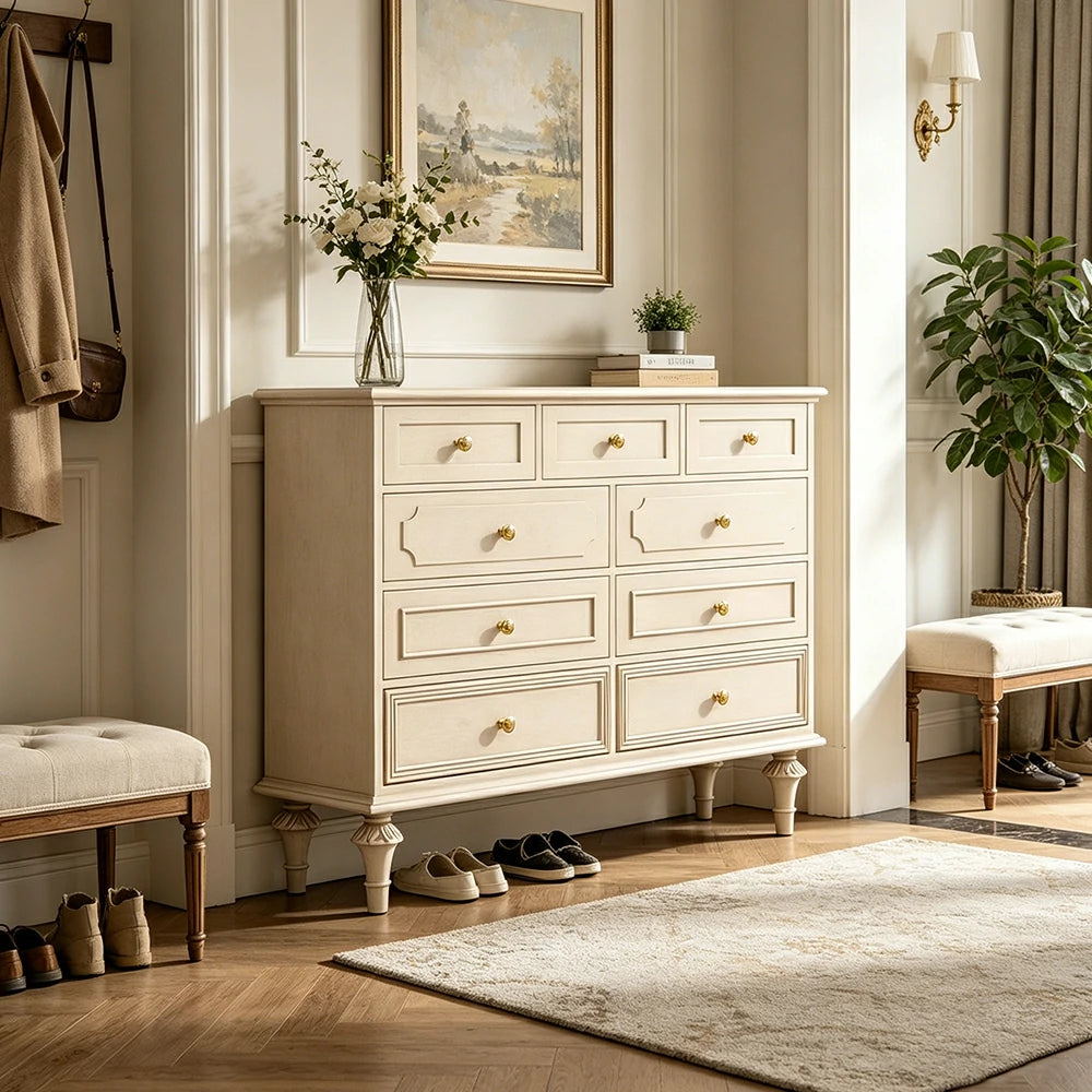 LUXORA Solid Wood 9 Drawer Dresser Vintage Storage Cabinet for Bedroom Living Room 120cm - Beige
