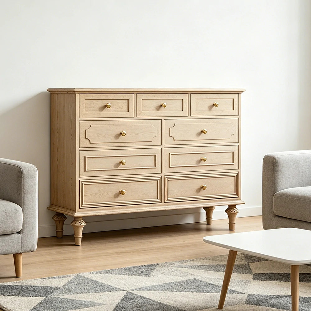 LUXORA Solid Wood 9 Drawer Dresser Vintage Storage Cabinet for Bedroom Living Room 120cm - Beige