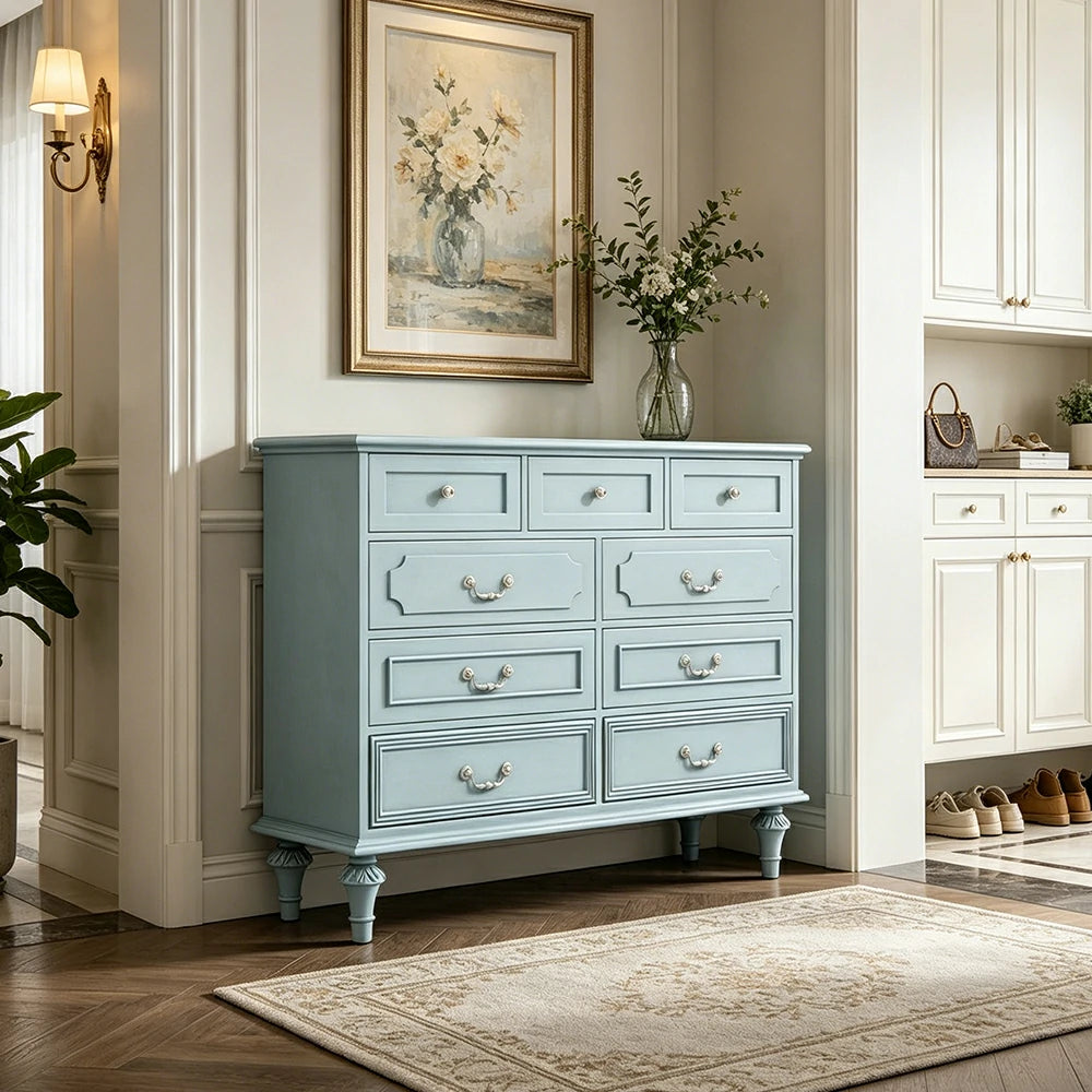 LUXORA Solid Wood 9 Drawer Dresser Vintage Storage Cabinet for Bedroom Living Room 120cm - Blue