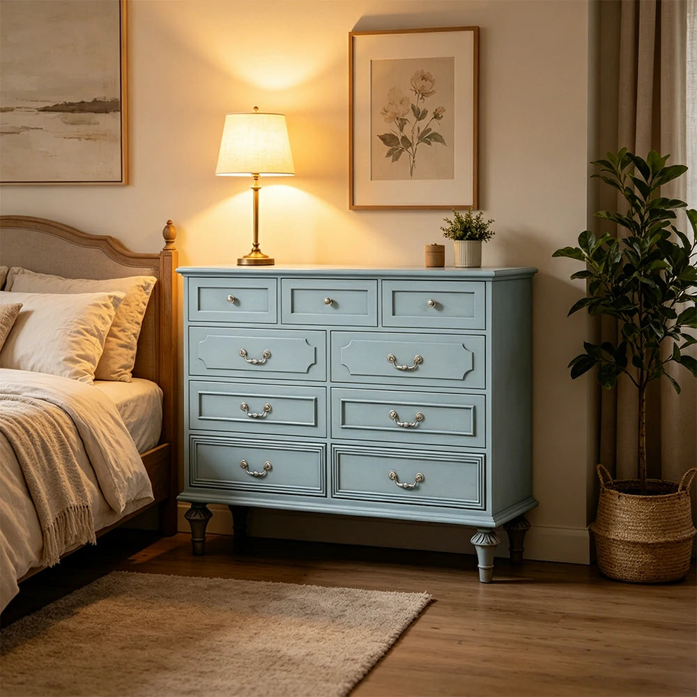 LUXORA Solid Wood 9 Drawer Dresser Vintage Storage Cabinet for Bedroom Living Room 120cm - Blue