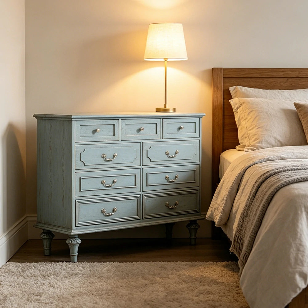 LUXORA Solid Wood 9 Drawer Dresser Vintage Storage Cabinet for Bedroom Living Room 120cm - Blue
