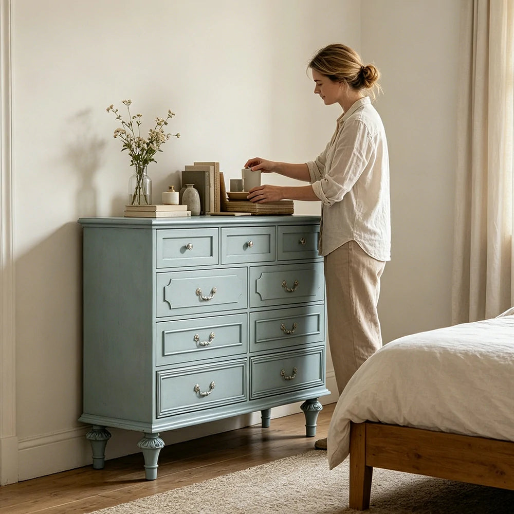 LUXORA Solid Wood 9 Drawer Dresser Vintage Storage Cabinet for Bedroom Living Room 120cm - Blue