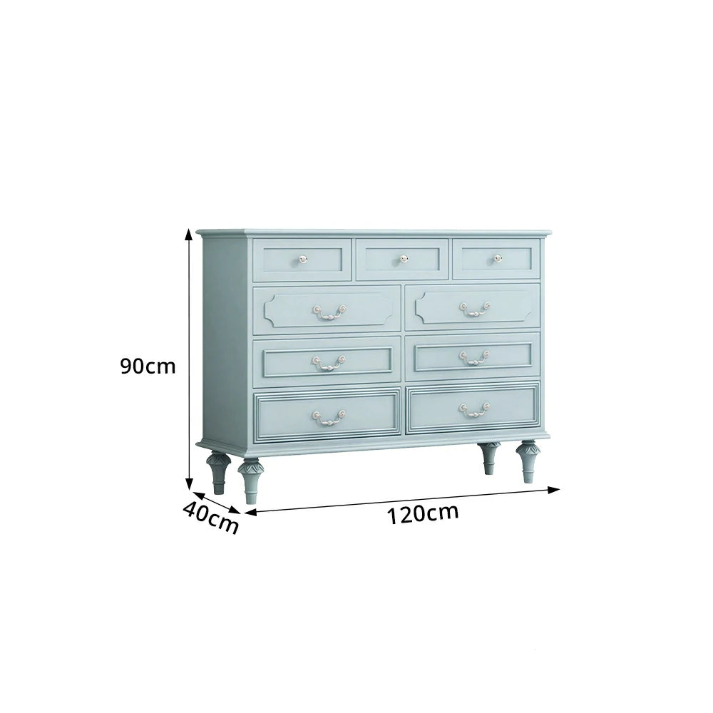 LUXORA Solid Wood 9 Drawer Dresser Vintage Storage Cabinet for Bedroom Living Room 120cm - Blue