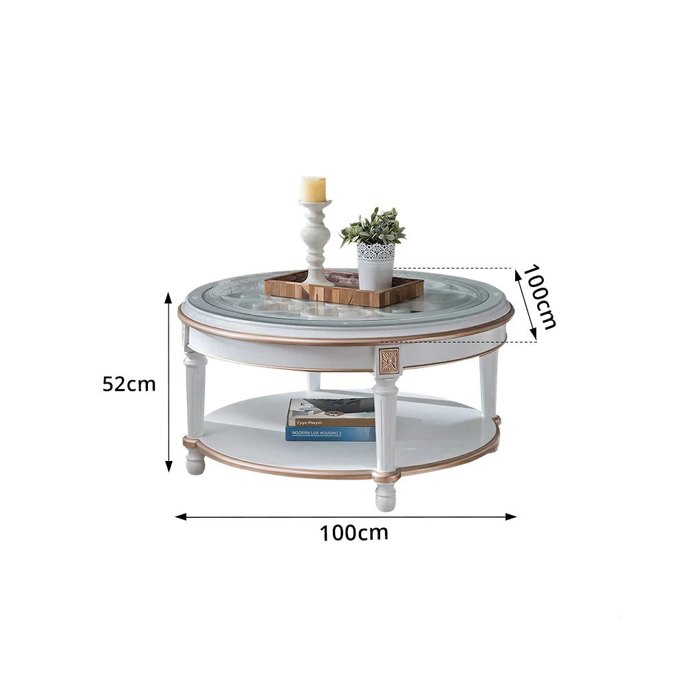 LUXORA 90/100cm Round Solid Wood Coffee Table with Glass Top Vintage Living Room Tea Table - White