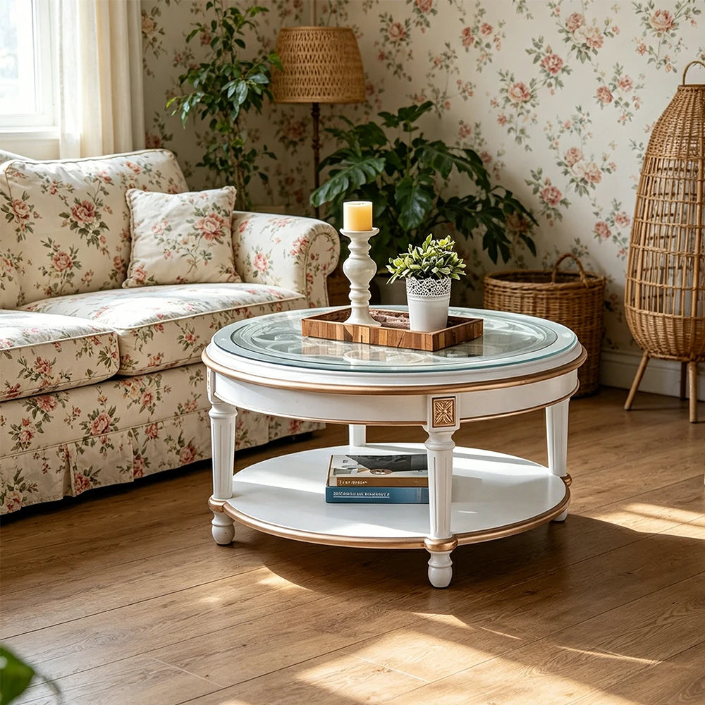 LUXORA 90/100cm Round Solid Wood Coffee Table with Glass Top Vintage Living Room Tea Table - White