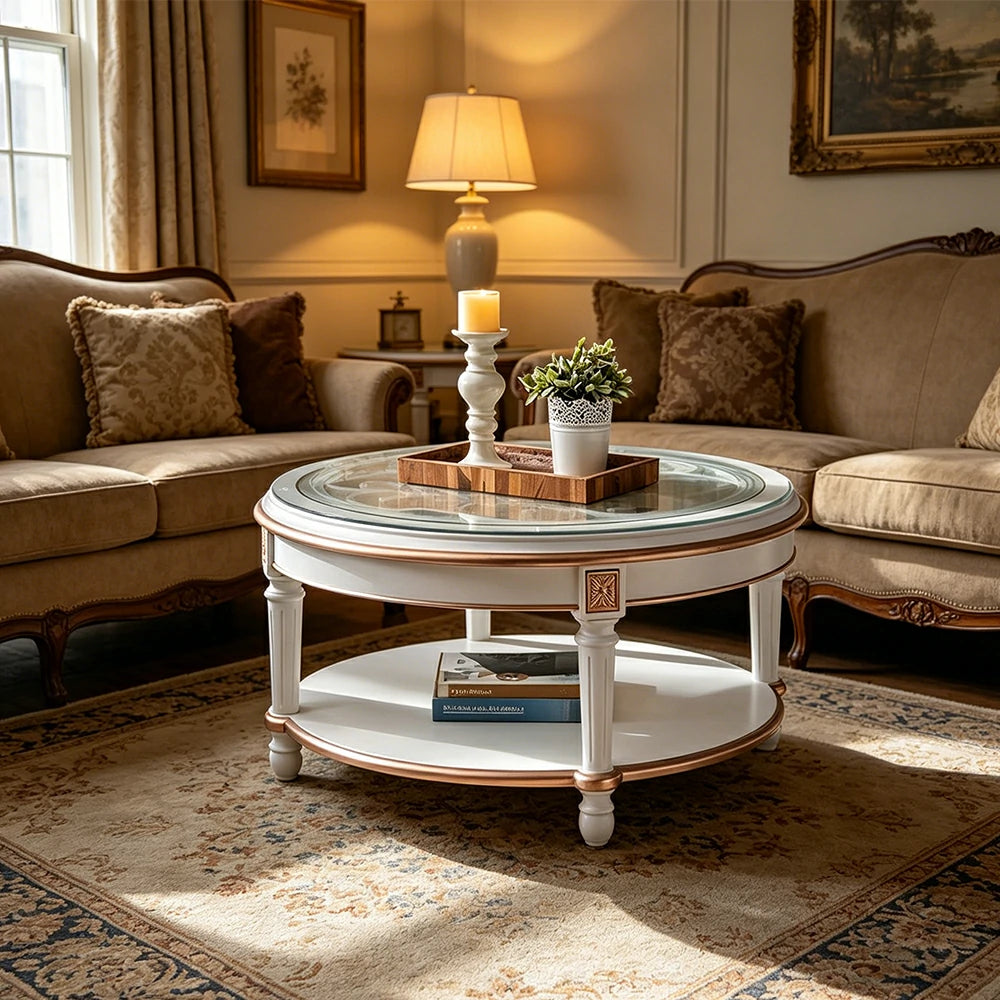 LUXORA 90/100cm Round Solid Wood Coffee Table with Glass Top Vintage Living Room Tea Table - White