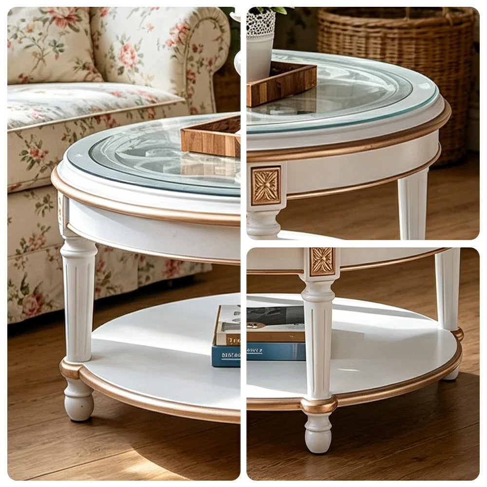 LUXORA 90/100cm Round Solid Wood Coffee Table with Glass Top Vintage Living Room Tea Table - White