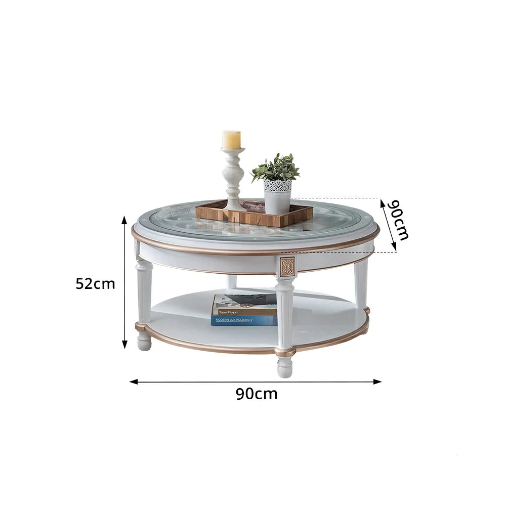 LUXORA 90/100cm Round Solid Wood Coffee Table with Glass Top Vintage Living Room Tea Table - White