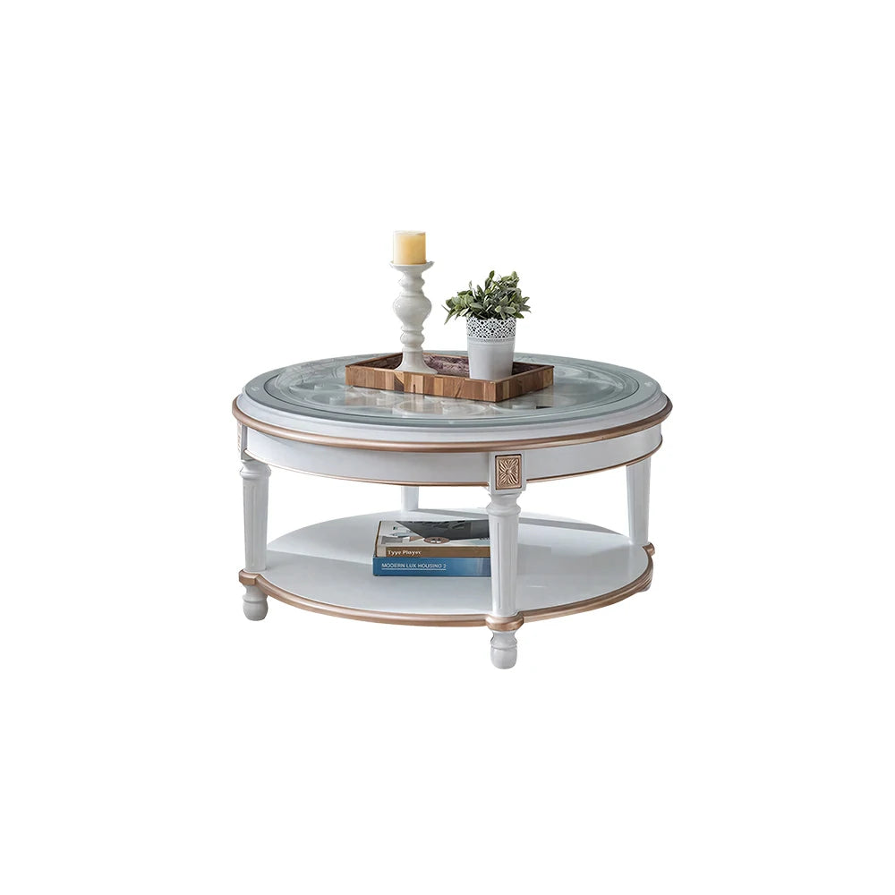 LUXORA 90/100cm Round Solid Wood Coffee Table with Glass Top Vintage Living Room Tea Table - White