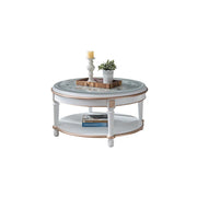 LUXORA 90/100cm Round Solid Wood Coffee Table with Glass Top Vintage Living Room Tea Table - White