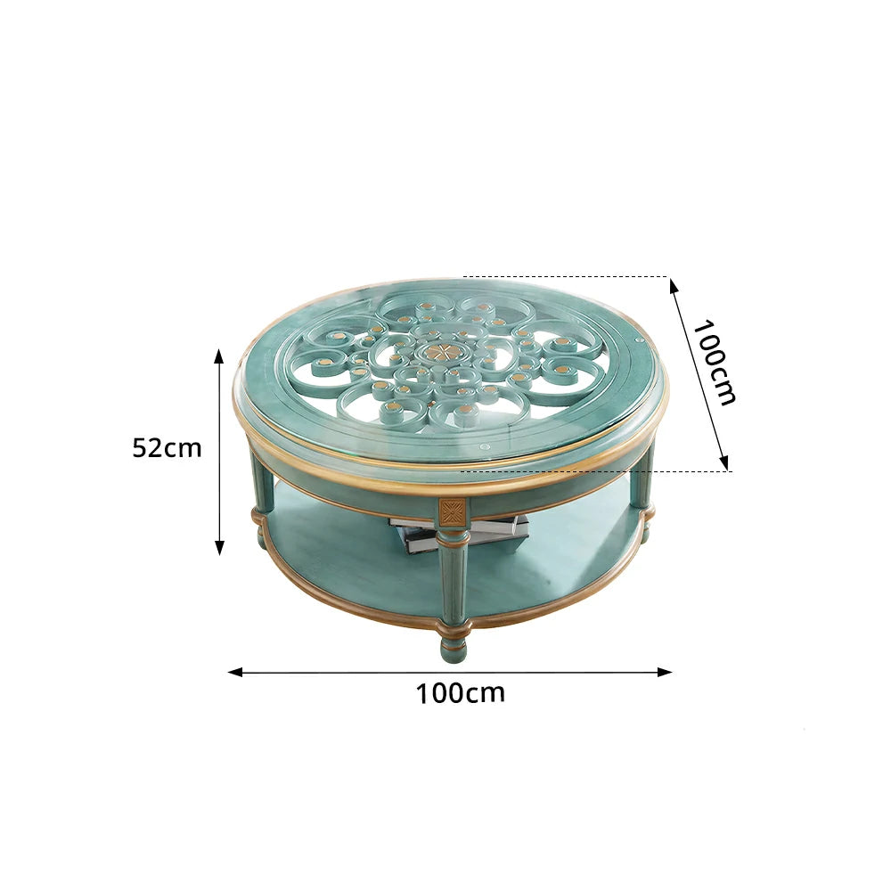 LUXORA 90/100cm Round Solid Wood Coffee Table with Glass Top Vintage Living Room Tea Table - Blue
