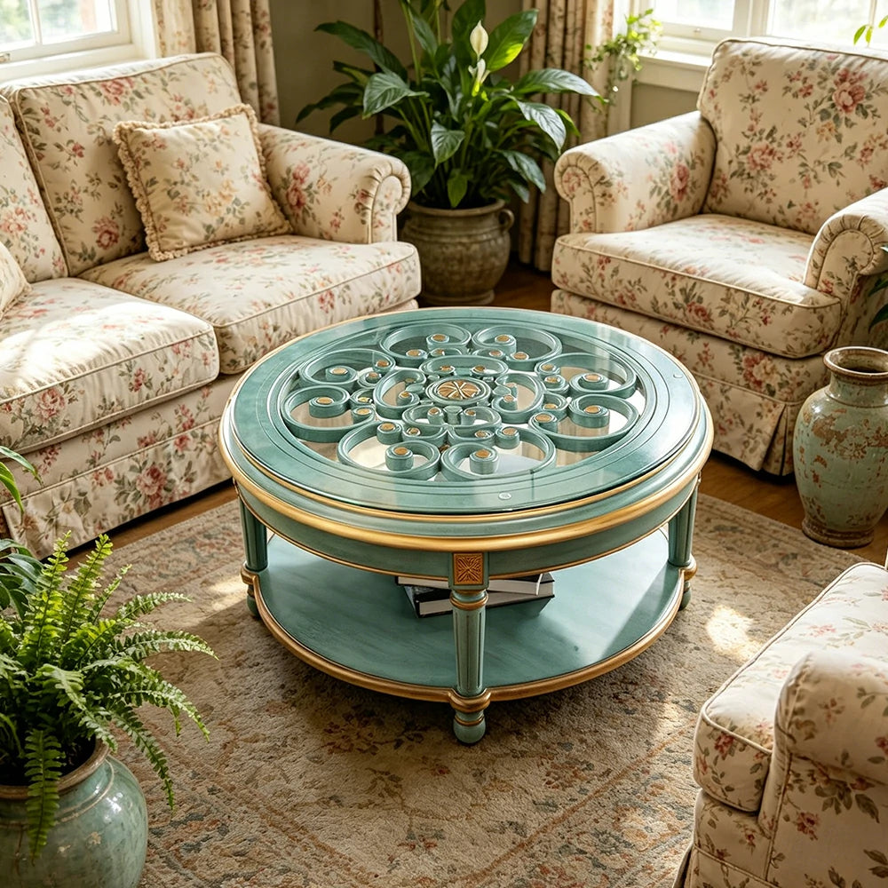 LUXORA 90/100cm Round Solid Wood Coffee Table with Glass Top Vintage Living Room Tea Table - Blue