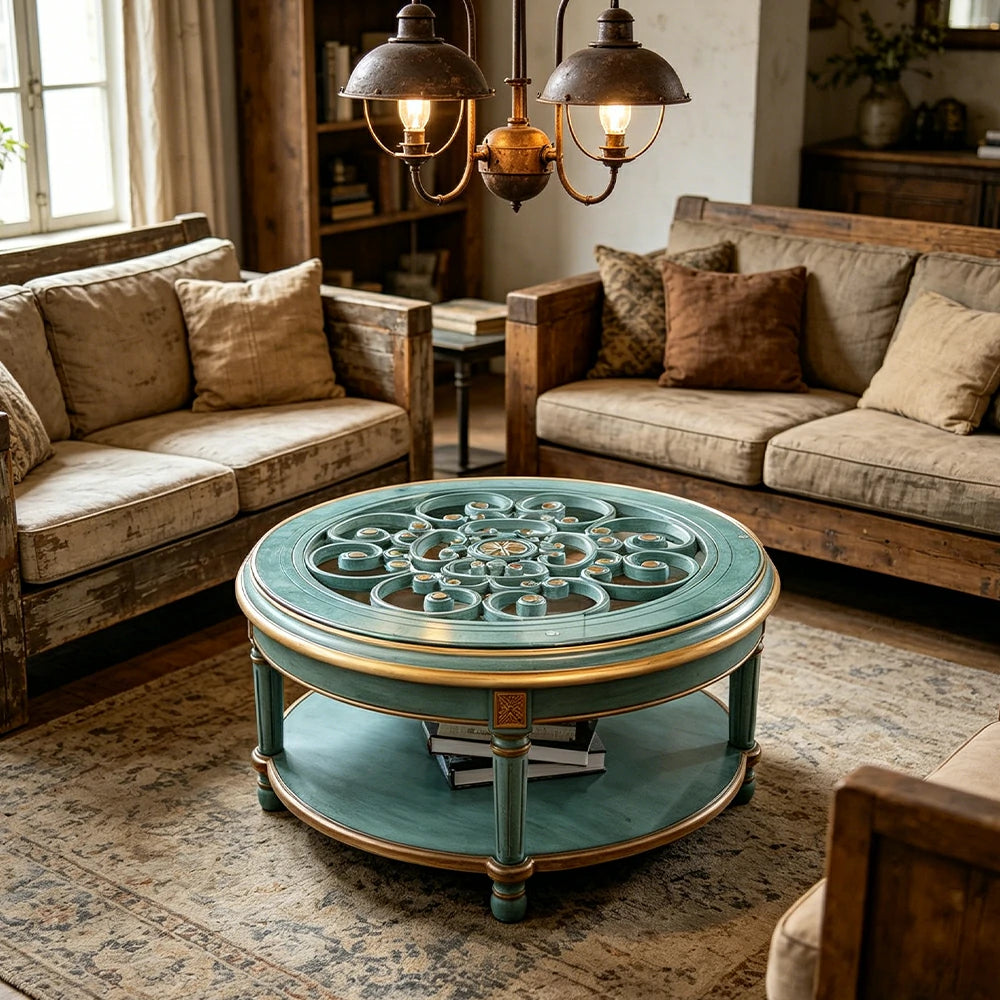 LUXORA 90/100cm Round Solid Wood Coffee Table with Glass Top Vintage Living Room Tea Table - Blue