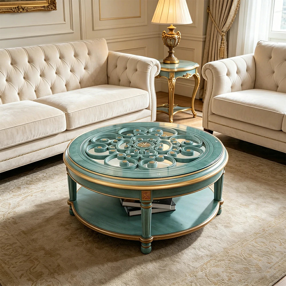LUXORA 90/100cm Round Solid Wood Coffee Table with Glass Top Vintage Living Room Tea Table - Blue