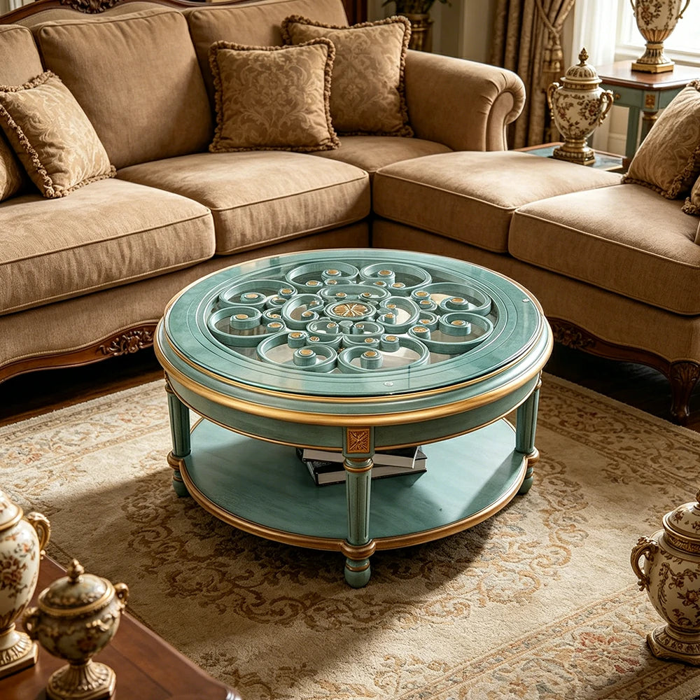 LUXORA 90/100cm Round Solid Wood Coffee Table with Glass Top Vintage Living Room Tea Table - Blue
