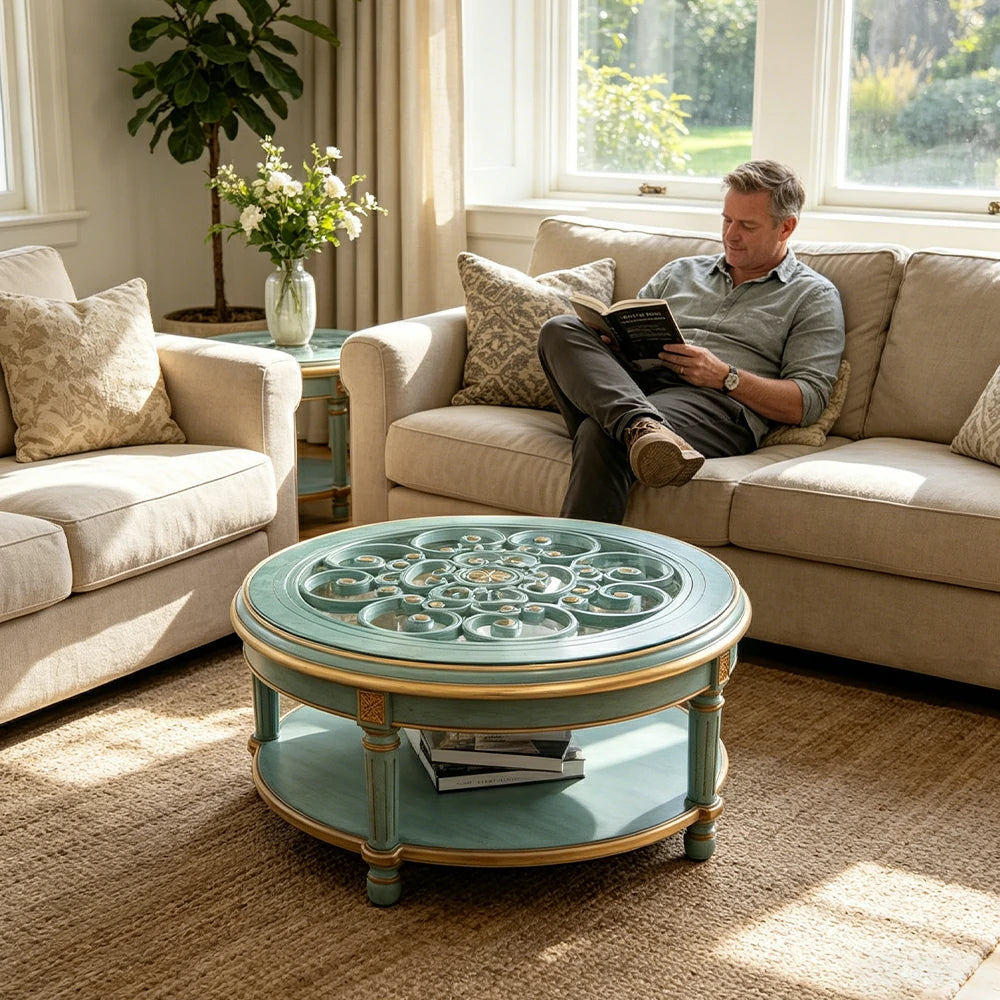LUXORA 90/100cm Round Solid Wood Coffee Table with Glass Top Vintage Living Room Tea Table - Blue