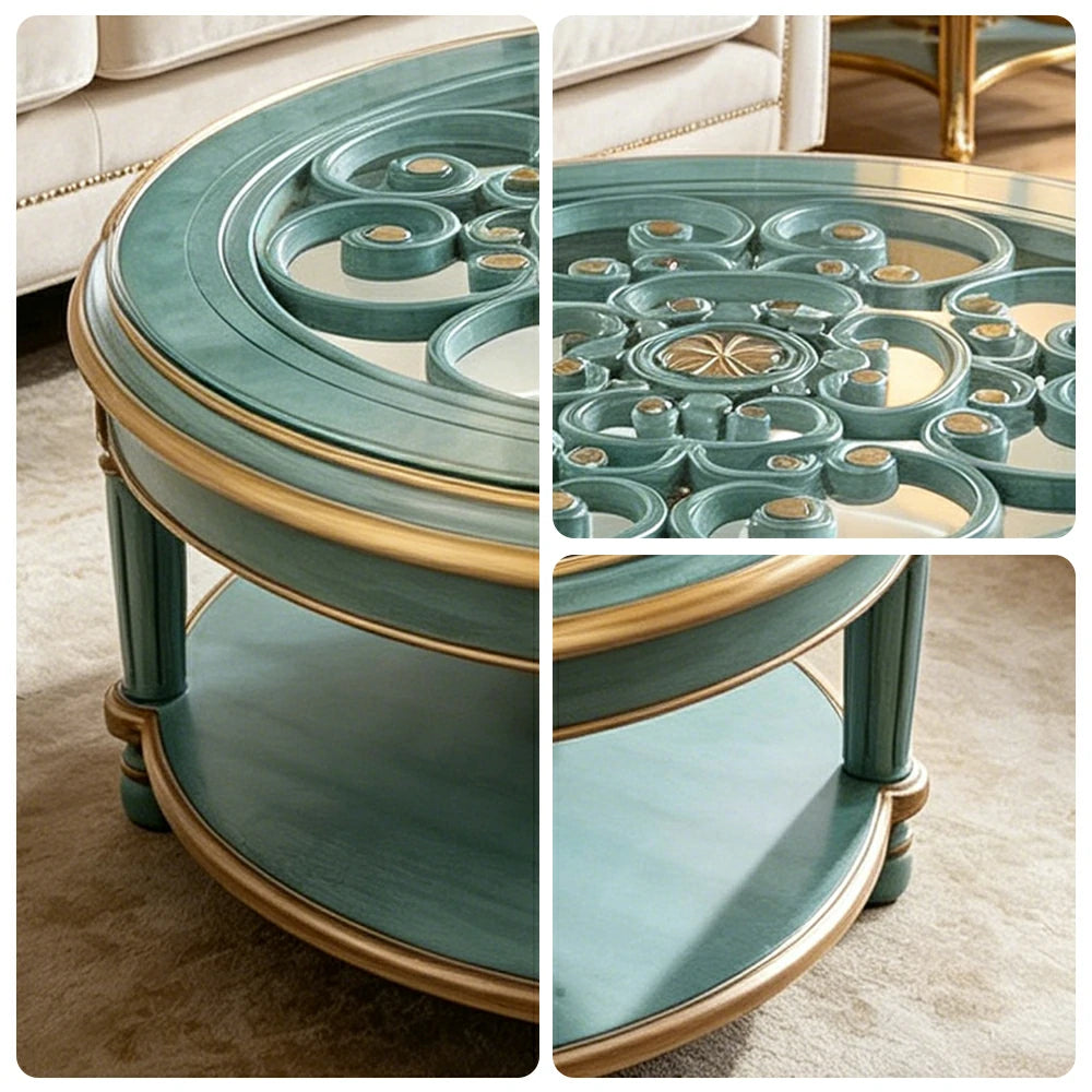 LUXORA 90/100cm Round Solid Wood Coffee Table with Glass Top Vintage Living Room Tea Table - Blue