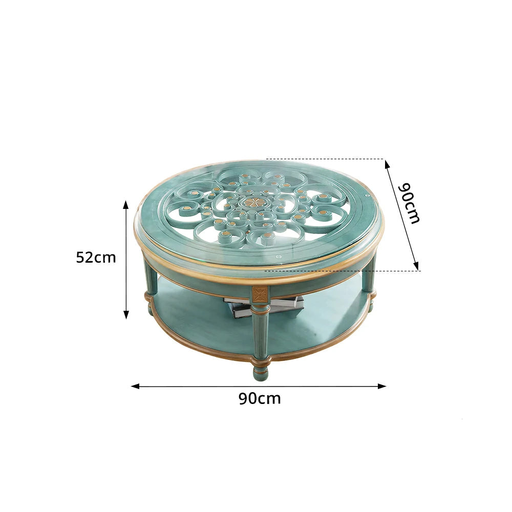 LUXORA 90/100cm Round Solid Wood Coffee Table with Glass Top Vintage Living Room Tea Table - Blue