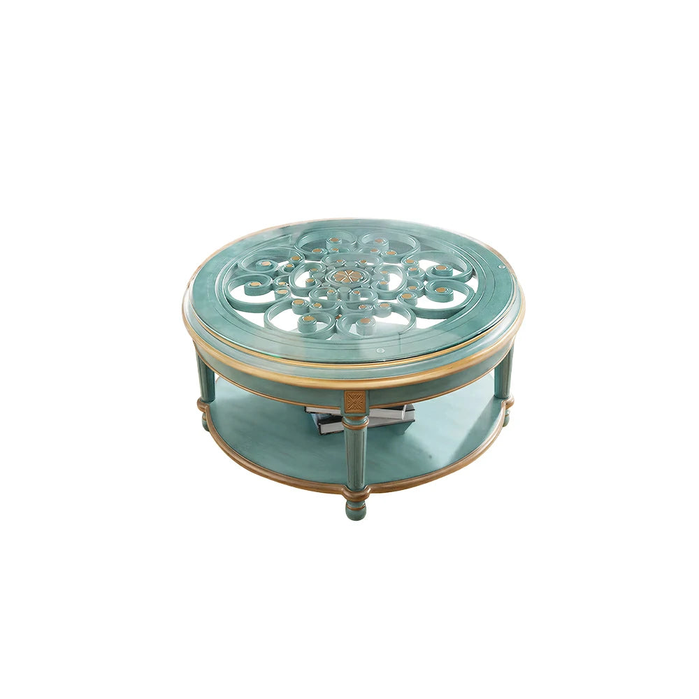 LUXORA 90/100cm Round Solid Wood Coffee Table with Glass Top Vintage Living Room Tea Table - Blue