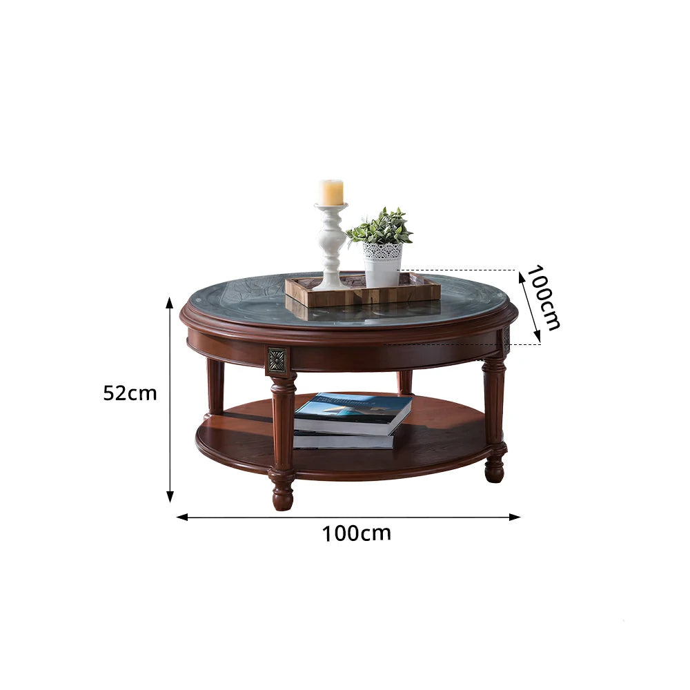 LUXORA 90/100cm Round Solid Wood Coffee Table with Glass Top Vintage Living Room Tea Table - Brown