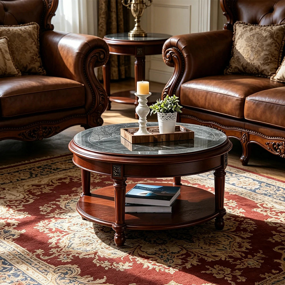 LUXORA 90/100cm Round Solid Wood Coffee Table with Glass Top Vintage Living Room Tea Table - Brown
