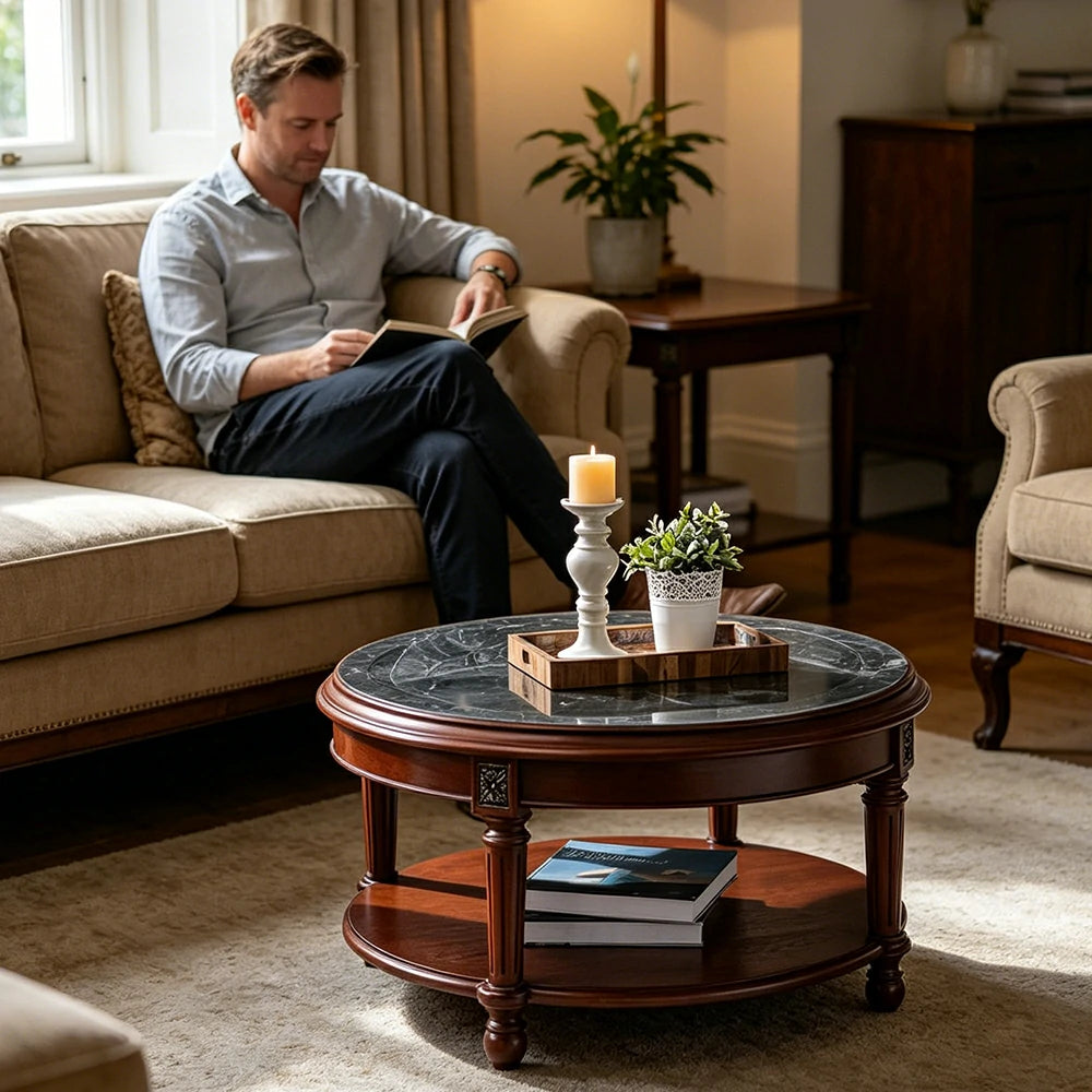 LUXORA 90/100cm Round Solid Wood Coffee Table with Glass Top Vintage Living Room Tea Table - Brown