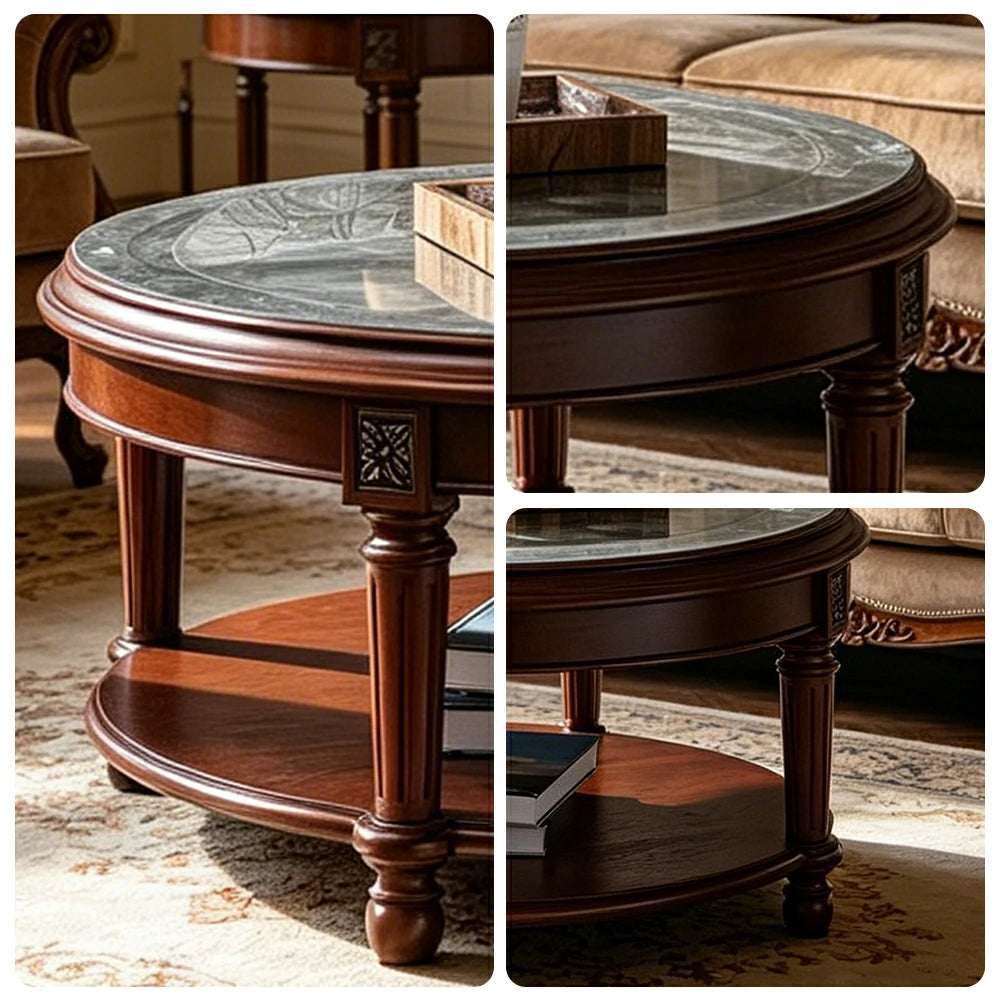 LUXORA 90/100cm Round Solid Wood Coffee Table with Glass Top Vintage Living Room Tea Table - Brown