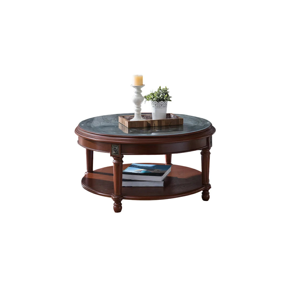 LUXORA 90/100cm Round Solid Wood Coffee Table with Glass Top Vintage Living Room Tea Table - Brown