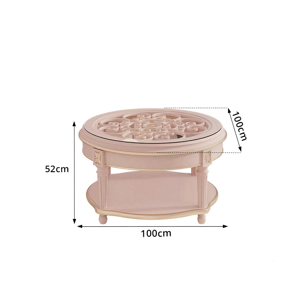 LUXORA 90/100cm Round Solid Wood Coffee Table with Glass Top Vintage Living Room Tea Table - Pink