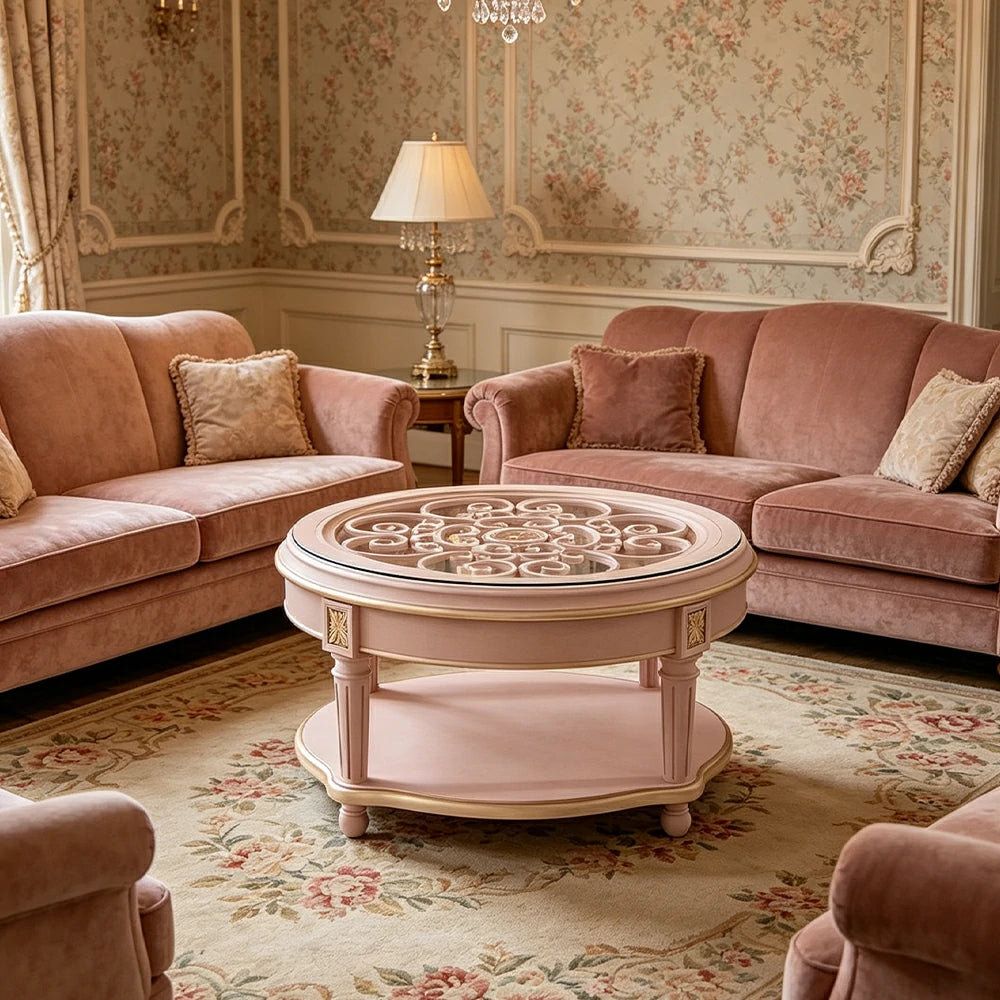 LUXORA 90/100cm Round Solid Wood Coffee Table with Glass Top Vintage Living Room Tea Table - Pink