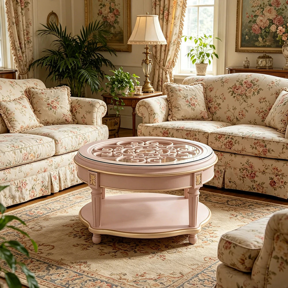 LUXORA 90/100cm Round Solid Wood Coffee Table with Glass Top Vintage Living Room Tea Table - Pink