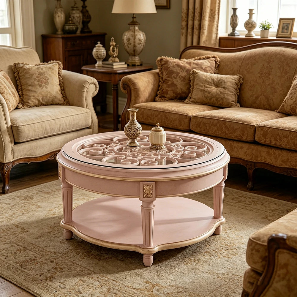 LUXORA 90/100cm Round Solid Wood Coffee Table with Glass Top Vintage Living Room Tea Table - Pink