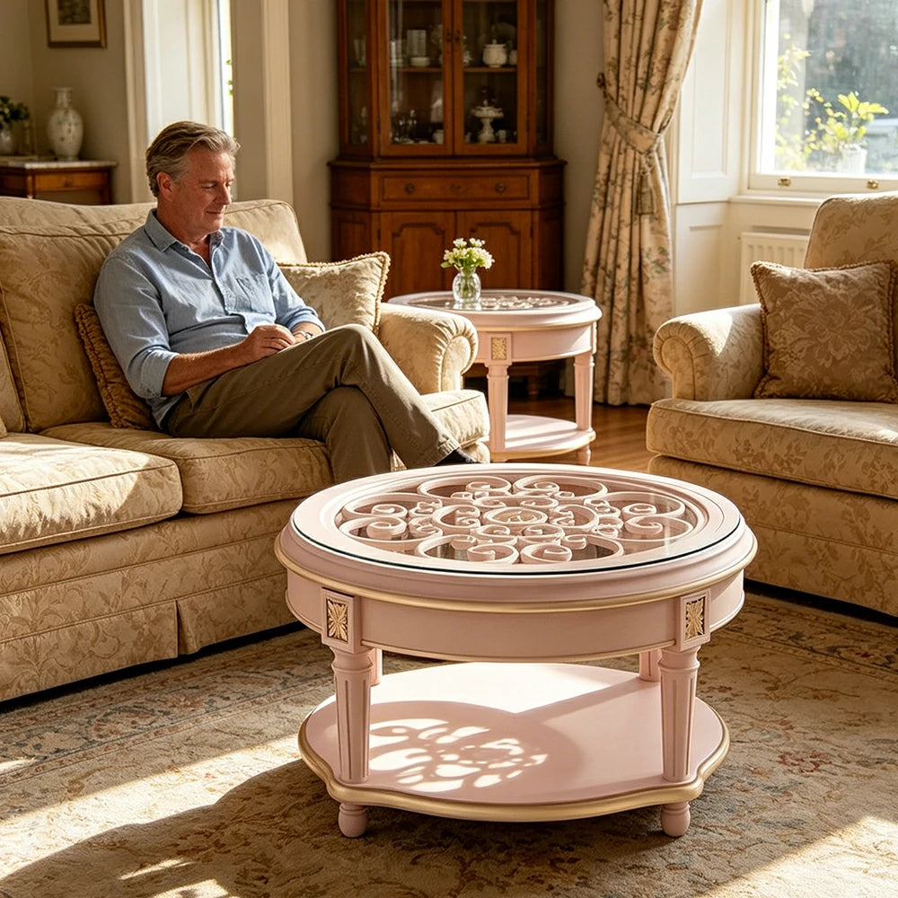 LUXORA 90/100cm Round Solid Wood Coffee Table with Glass Top Vintage Living Room Tea Table - Pink