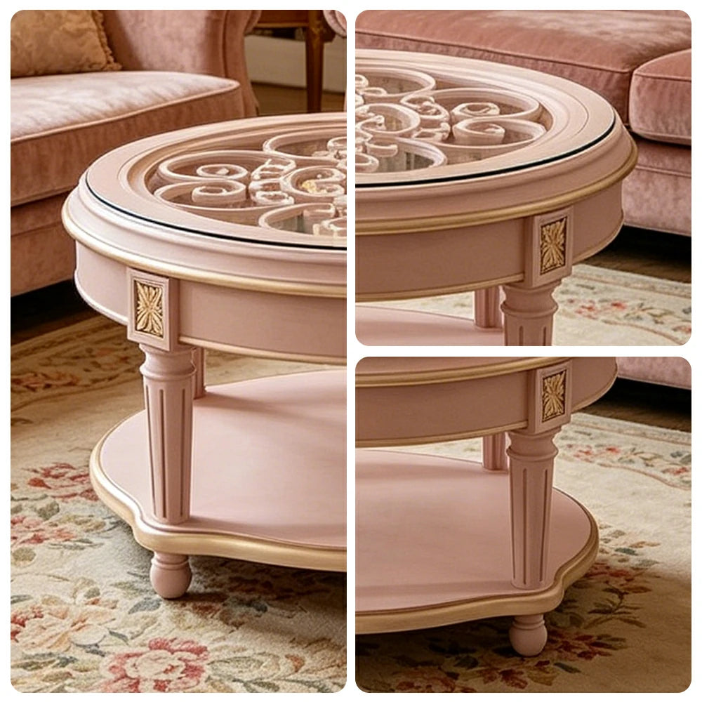 LUXORA 90/100cm Round Solid Wood Coffee Table with Glass Top Vintage Living Room Tea Table - Pink