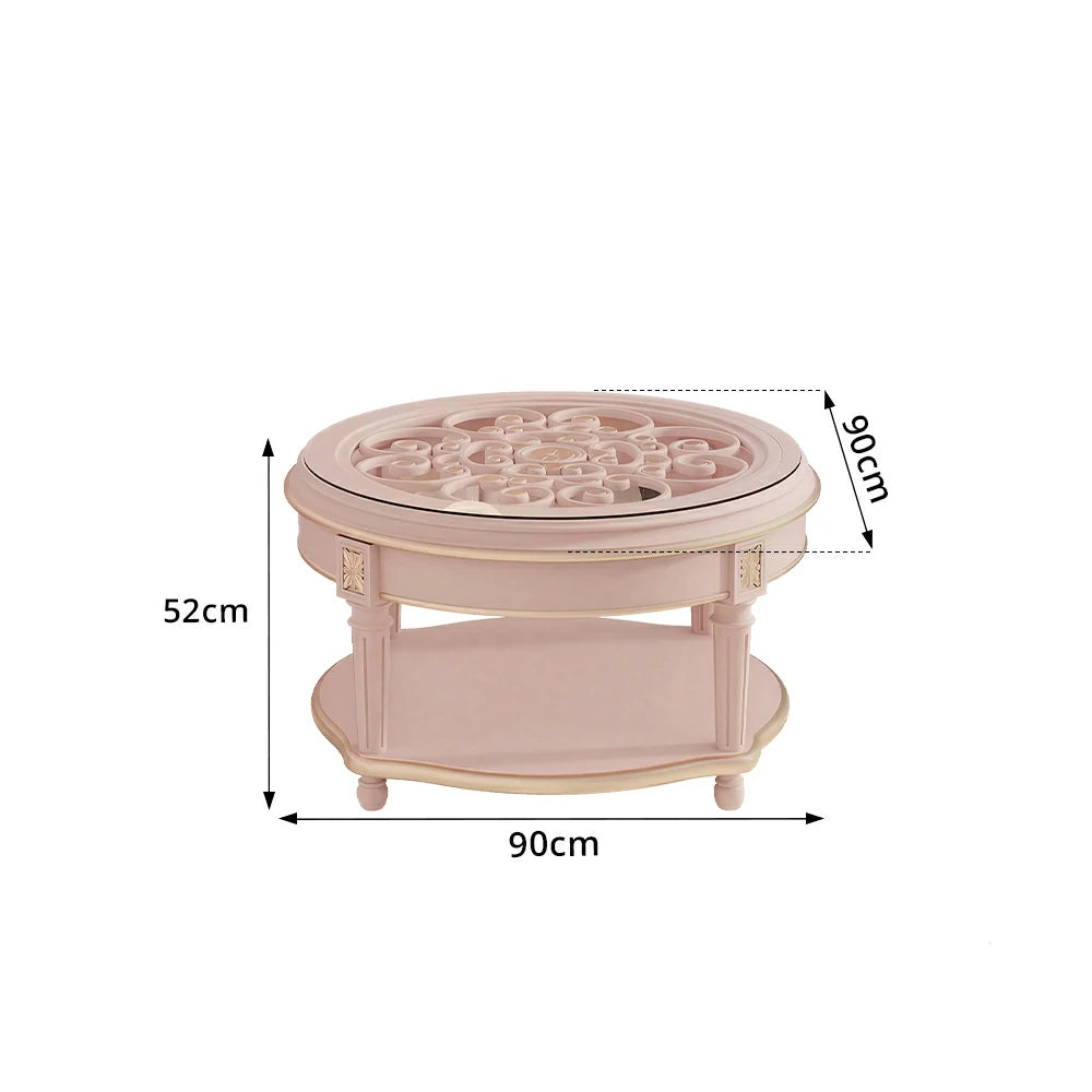 LUXORA 90/100cm Round Solid Wood Coffee Table with Glass Top Vintage Living Room Tea Table - Pink