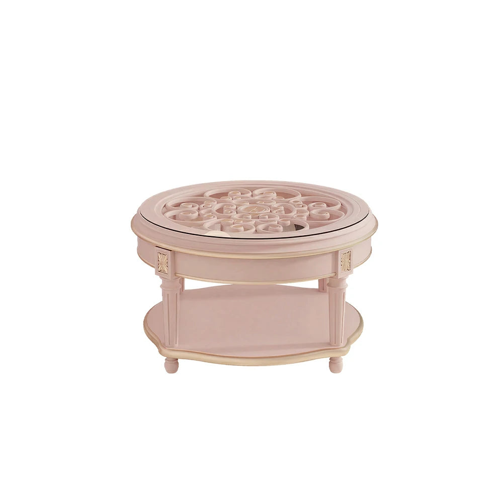 LUXORA 90/100cm Round Solid Wood Coffee Table with Glass Top Vintage Living Room Tea Table - Pink