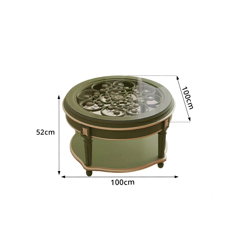 LUXORA 90/100cm Round Solid Wood Coffee Table with Glass Top Vintage Living Room Tea Table - Green