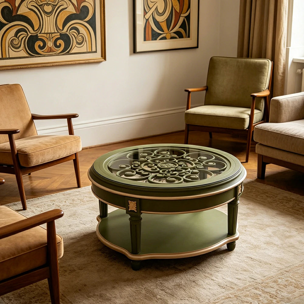 LUXORA 90/100cm Round Solid Wood Coffee Table with Glass Top Vintage Living Room Tea Table - Green
