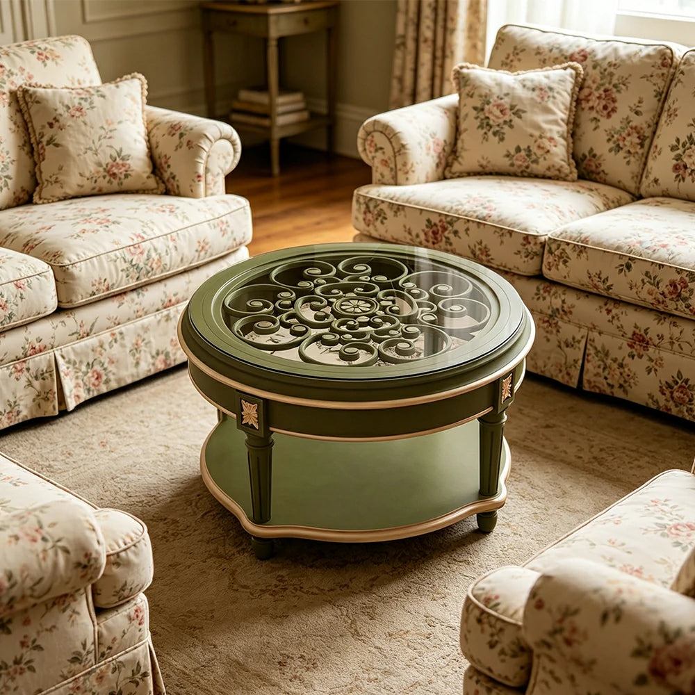 LUXORA 90/100cm Round Solid Wood Coffee Table with Glass Top Vintage Living Room Tea Table - Green