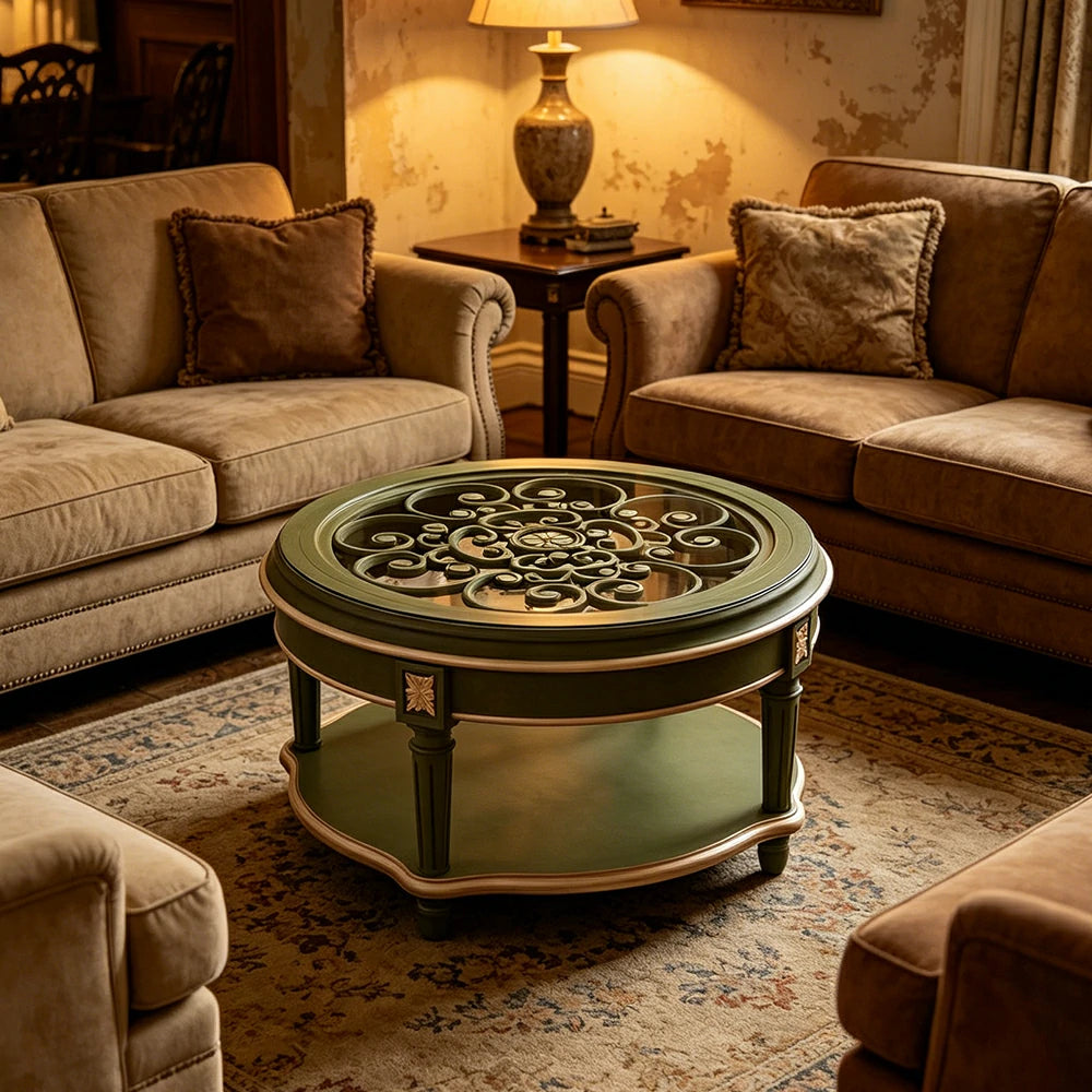 LUXORA 90/100cm Round Solid Wood Coffee Table with Glass Top Vintage Living Room Tea Table - Green