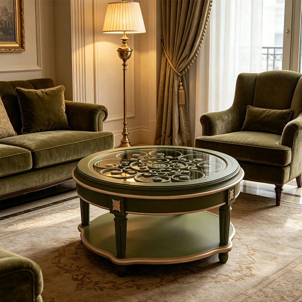 LUXORA 90/100cm Round Solid Wood Coffee Table with Glass Top Vintage Living Room Tea Table - Green