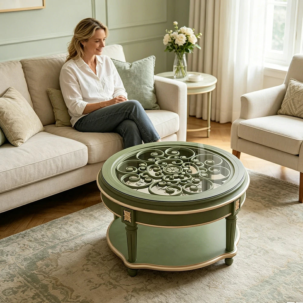 LUXORA 90/100cm Round Solid Wood Coffee Table with Glass Top Vintage Living Room Tea Table - Green