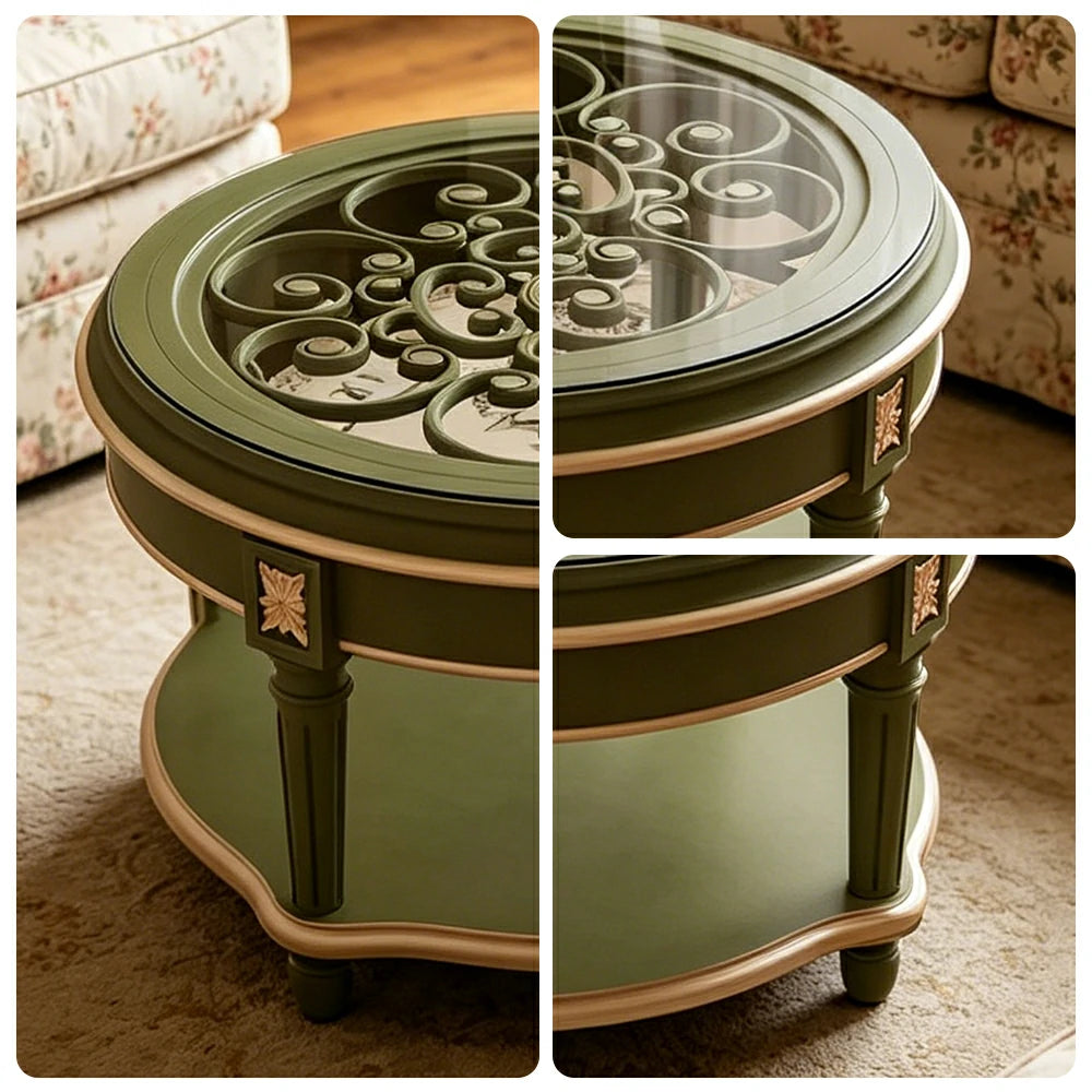 LUXORA 90/100cm Round Solid Wood Coffee Table with Glass Top Vintage Living Room Tea Table - Green