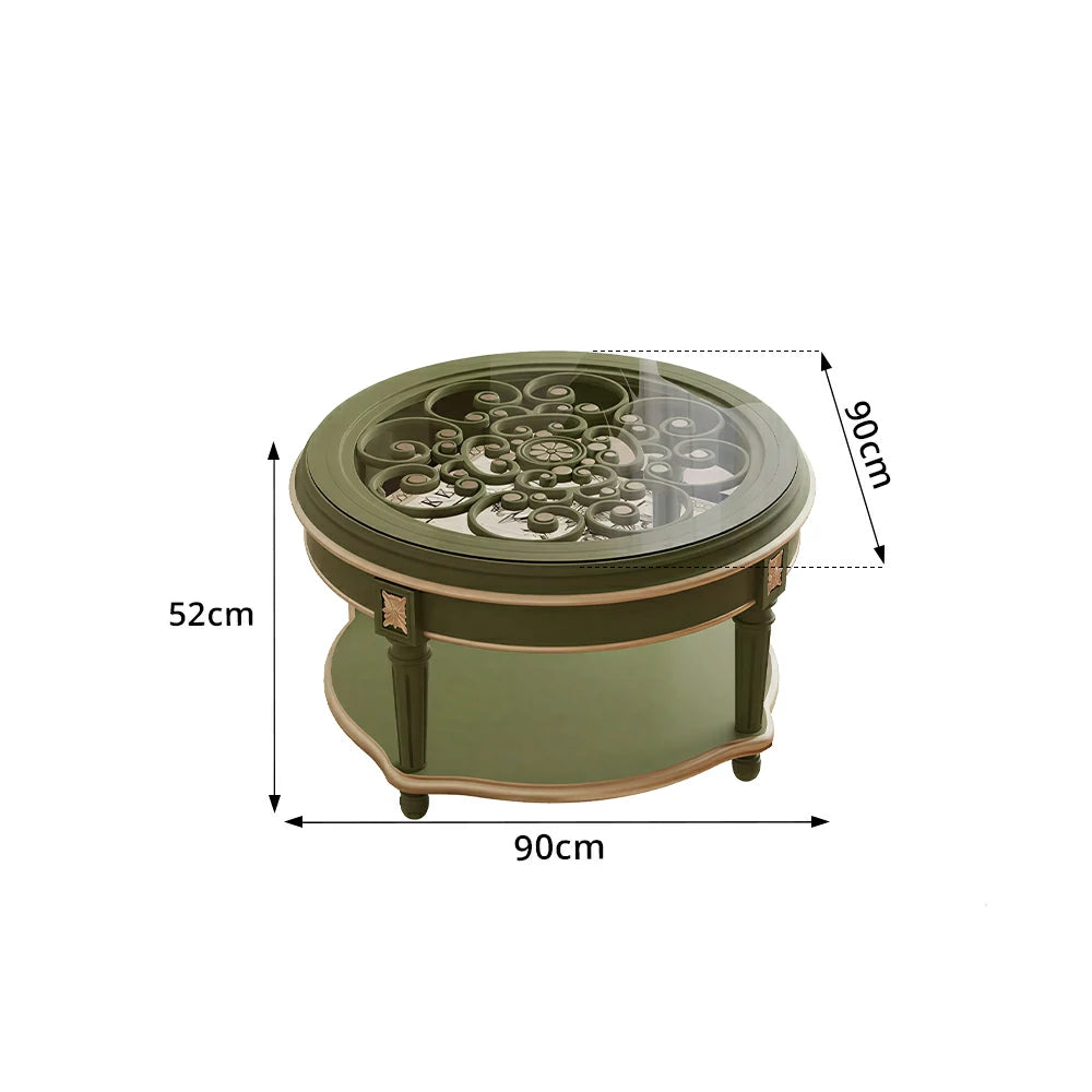 LUXORA 90/100cm Round Solid Wood Coffee Table with Glass Top Vintage Living Room Tea Table - Green
