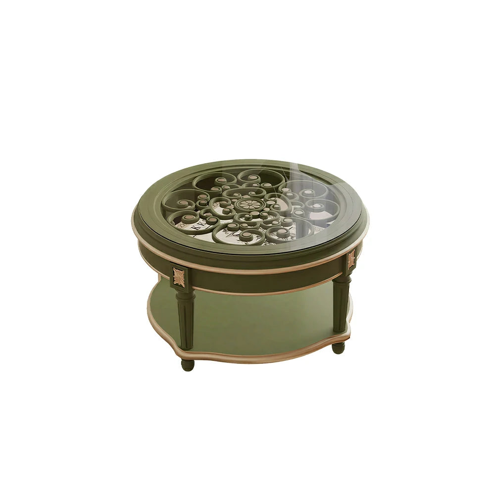 LUXORA 90/100cm Round Solid Wood Coffee Table with Glass Top Vintage Living Room Tea Table - Green