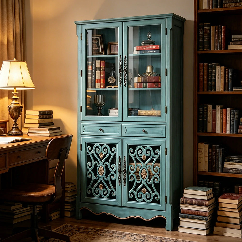 LUXORA Vintage Solid Wood Bookcase Glass Display Storage Cabinet for Living Room Study - Blue