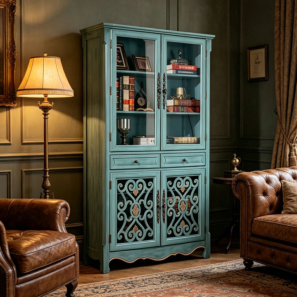 LUXORA Vintage Solid Wood Bookcase Glass Display Storage Cabinet for Living Room Study - Blue