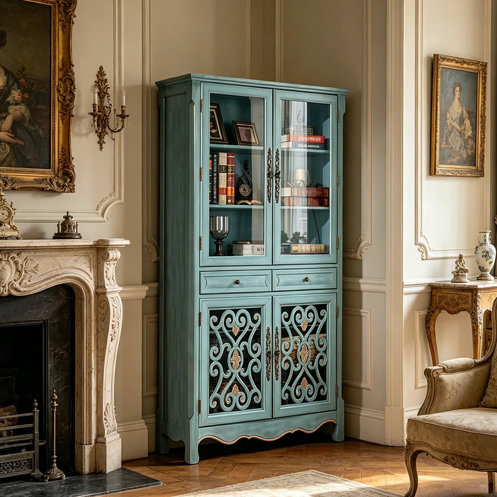 LUXORA Vintage Solid Wood Bookcase Glass Display Storage Cabinet for Living Room Study - Blue