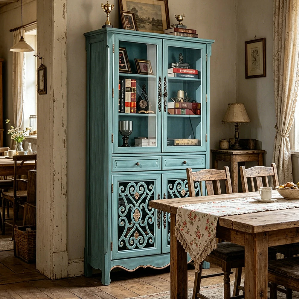 LUXORA Vintage Solid Wood Bookcase Glass Display Storage Cabinet for Living Room Study - Blue