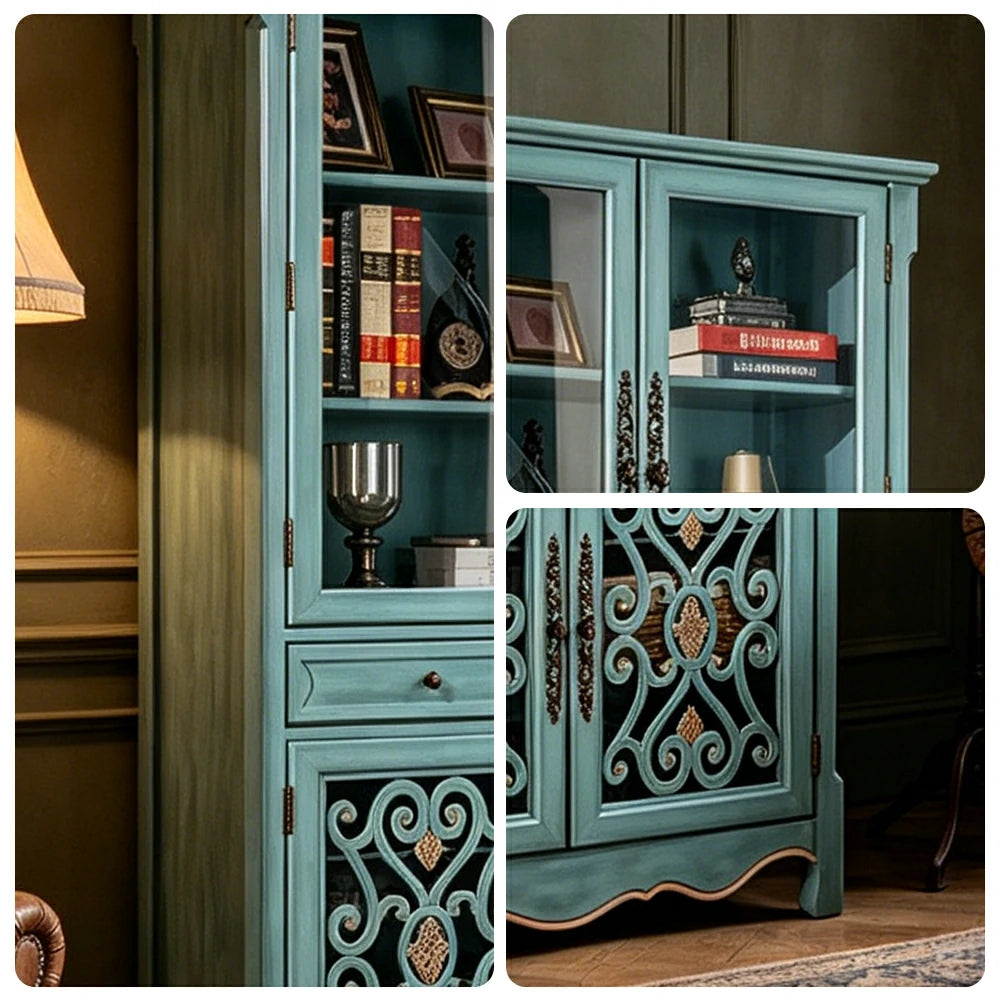 LUXORA Vintage Solid Wood Bookcase Glass Display Storage Cabinet for Living Room Study - Blue
